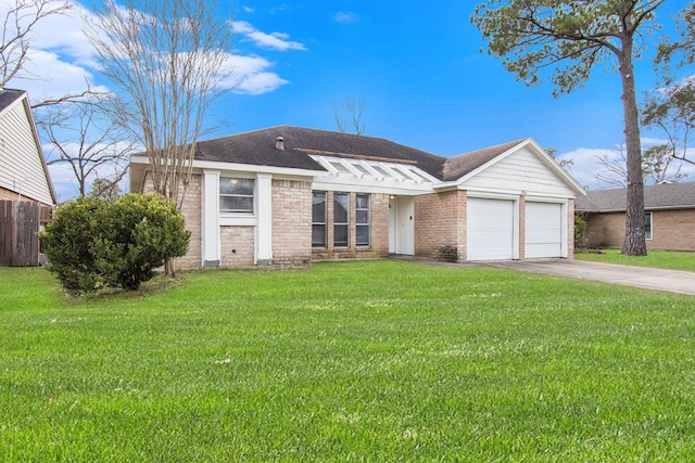 ranch-style house with a garage and a front lawn