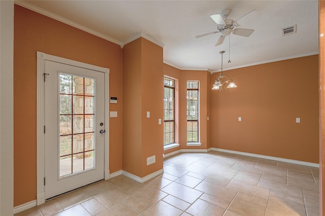 doorway to outside featuring ornamental molding, visible vents, plenty of natural light, and baseboards