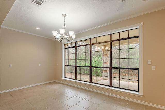 unfurnished room with a healthy amount of sunlight, ceiling fan with notable chandelier, visible vents, and ornamental molding