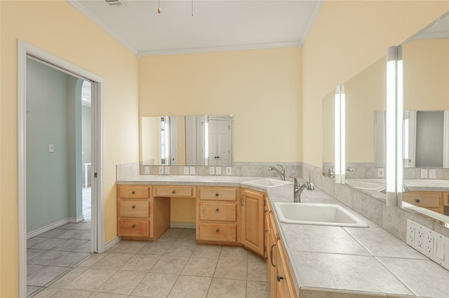 bathroom with double vanity, ornamental molding, and a sink