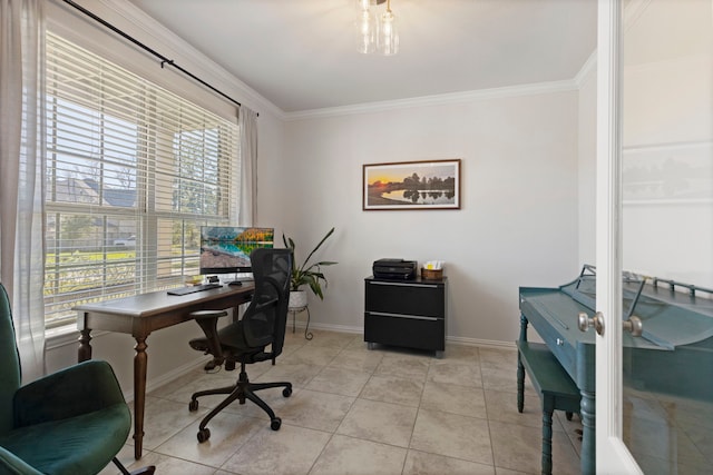 office space featuring ornamental molding and light tile patterned floors