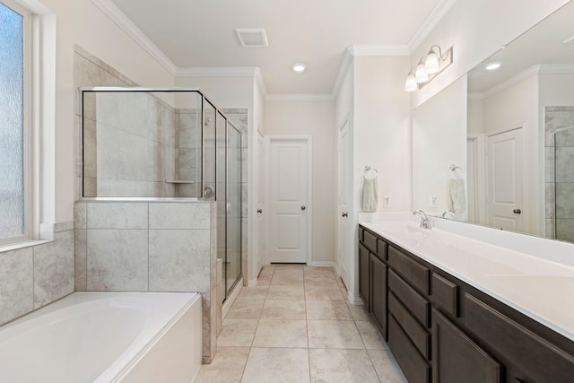 bathroom with independent shower and bath, crown molding, tile patterned floors, and vanity