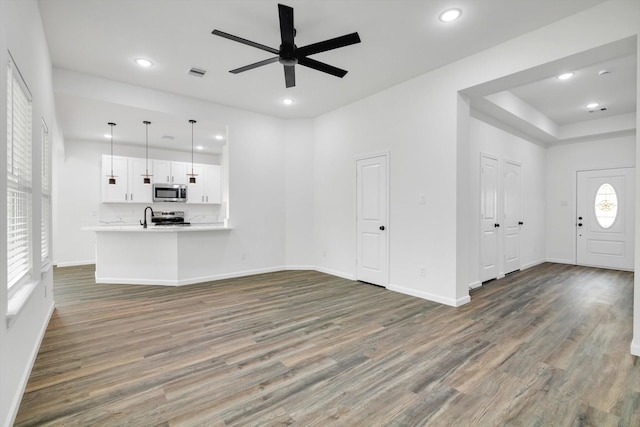 113 County Road 645, Kenefick, TX 77535 - unfurnished living room featuring wood-type flooring, sink, and ceiling fan