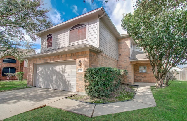 view of front of house featuring concrete driveway, brick siding, a front lawn, and an attached garage