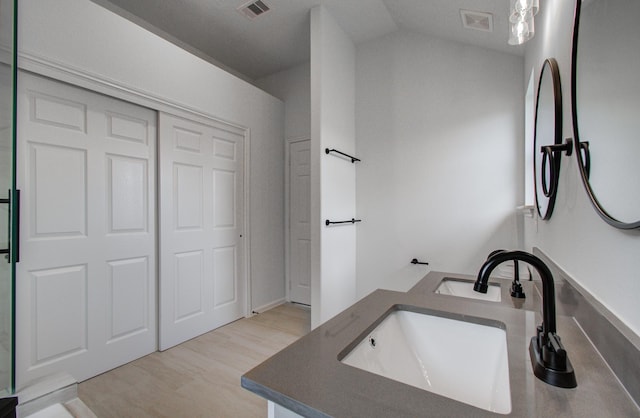 bathroom featuring vanity, vaulted ceiling, and wood-type flooring