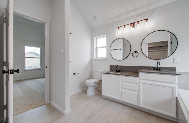 bathroom featuring lofted ceiling, vanity, and toilet