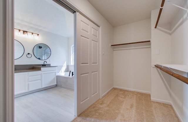 spacious closet featuring light colored carpet