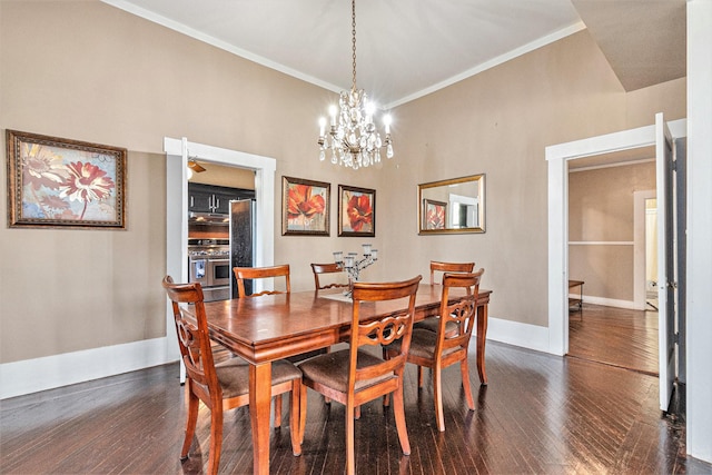 dining space with crown molding and dark hardwood / wood-style flooring