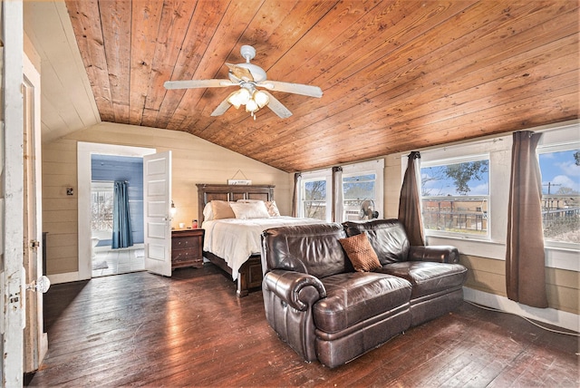 bedroom featuring dark hardwood / wood-style floors, multiple windows, and wooden ceiling