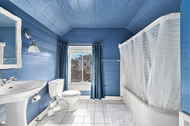 bathroom featuring lofted ceiling, tile patterned flooring, toilet, shower / bathtub combination with curtain, and wooden ceiling