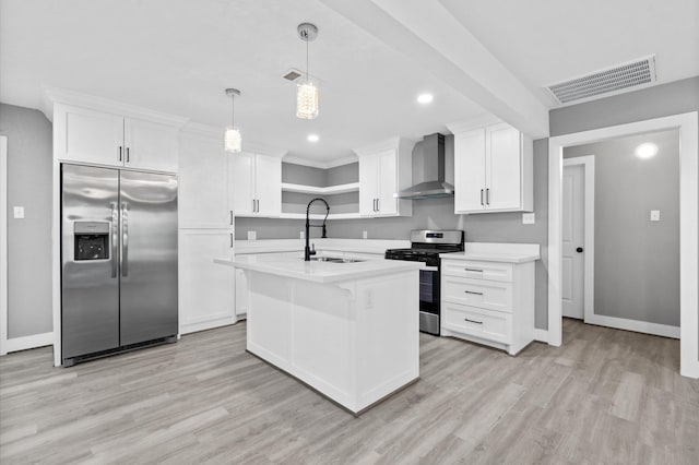 kitchen with wall chimney exhaust hood, sink, white cabinetry, hanging light fixtures, and stainless steel appliances