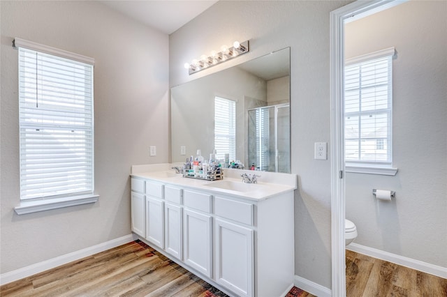 bathroom with vanity, hardwood / wood-style floors, a shower with door, and toilet