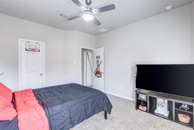 carpeted bedroom featuring ceiling fan