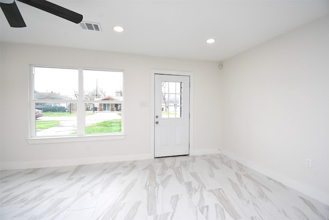 entrance foyer featuring baseboards, visible vents, ceiling fan, and recessed lighting