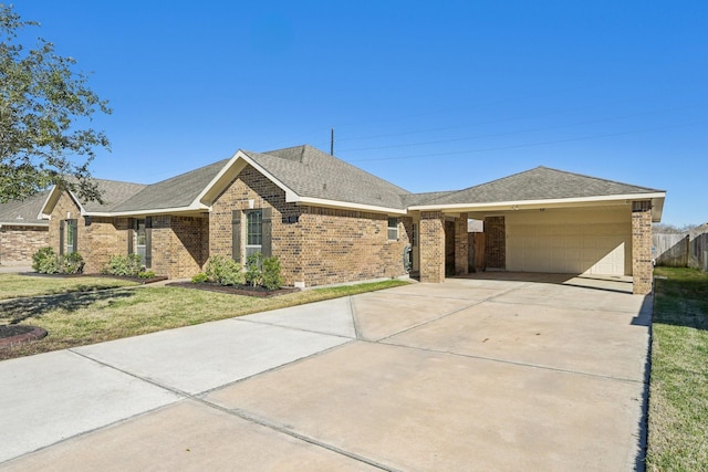 ranch-style home with a carport and a front lawn