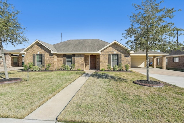 ranch-style house featuring a carport and a front lawn