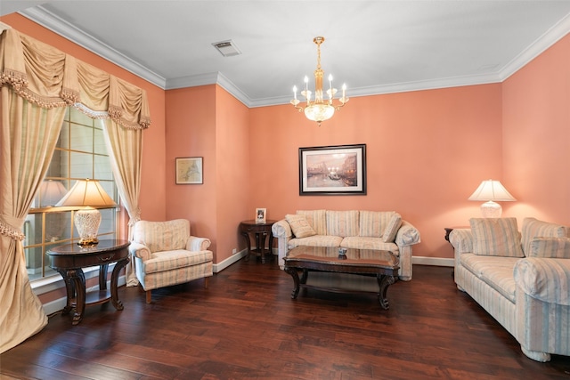 living room featuring an inviting chandelier, ornamental molding, and dark hardwood / wood-style flooring