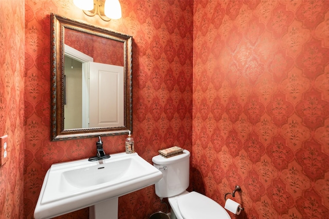 7514 Saddle Blanket Dr, Waller, TX 77484 - bathroom with wallpapered walls, toilet, and a sink