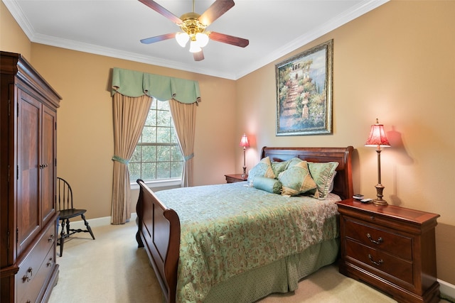 bedroom featuring ornamental molding, light carpet, and ceiling fan