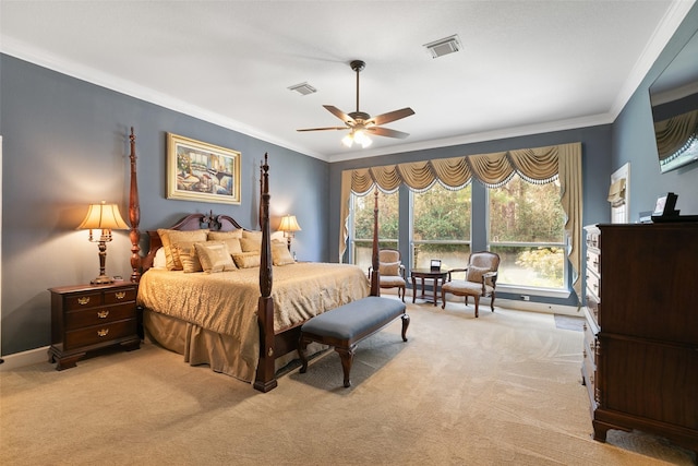 7514 Saddle Blanket Dr, Waller, TX 77484 - bedroom featuring ornamental molding, light carpet, baseboards, and a ceiling fan