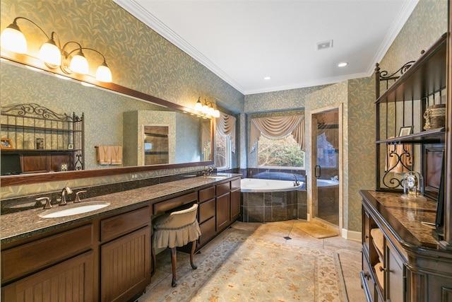 7514 Saddle Blanket Dr, Waller, TX 77484 - bathroom with wallpapered walls, ornamental molding, a garden tub, a stall shower, and double vanity