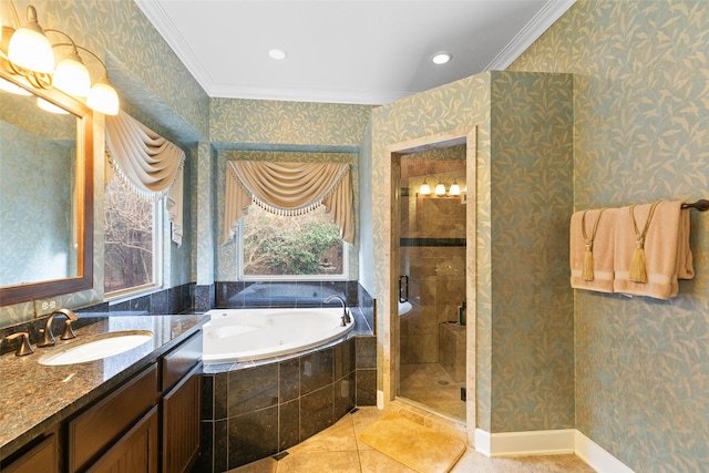 7514 Saddle Blanket Dr, Waller, TX 77484 - bathroom with wallpapered walls, crown molding, a bath, a stall shower, and healthy amount of natural light