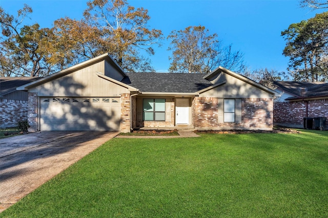 ranch-style house featuring a garage, a front lawn, and central air condition unit