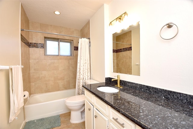 full bathroom with shower / tub combo with curtain, tile patterned flooring, vanity, toilet, and a textured ceiling