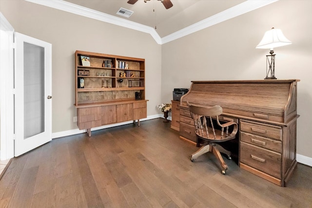 office with dark hardwood / wood-style flooring, ornamental molding, ceiling fan, and lofted ceiling