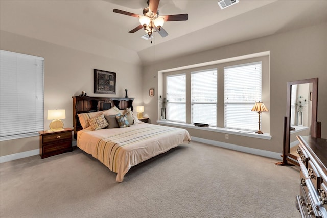 bedroom featuring ceiling fan, carpet floors, and vaulted ceiling