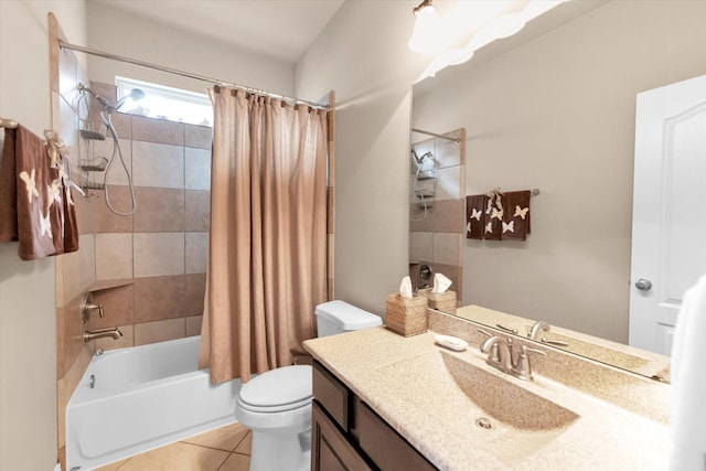 full bathroom with shower / bathtub combination with curtain, vanity, tile patterned floors, and toilet