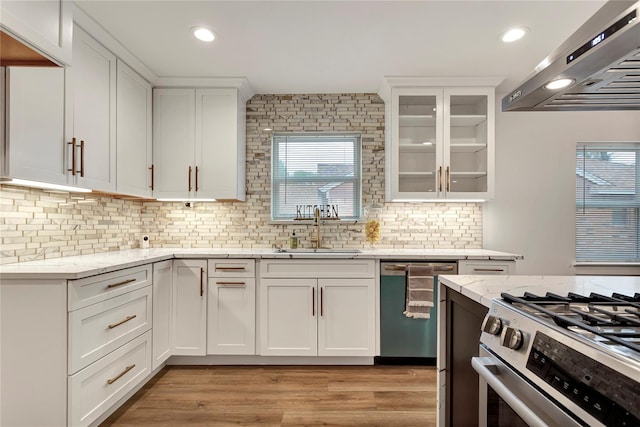 kitchen featuring sink, appliances with stainless steel finishes, white cabinetry, range hood, and light stone counters