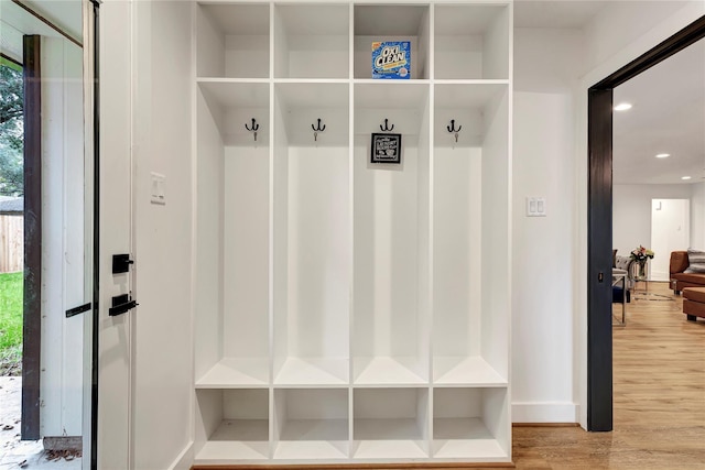 mudroom with wood-type flooring