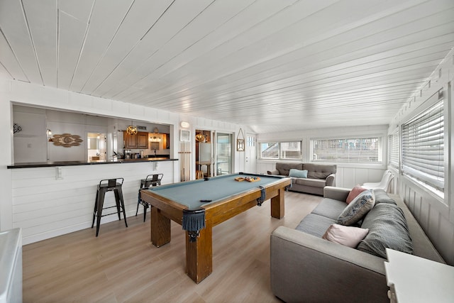 recreation room with pool table, wooden ceiling, and light wood-type flooring