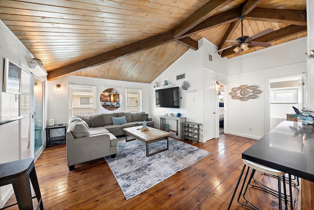 living room featuring beamed ceiling, ceiling fan, wood-type flooring, and high vaulted ceiling