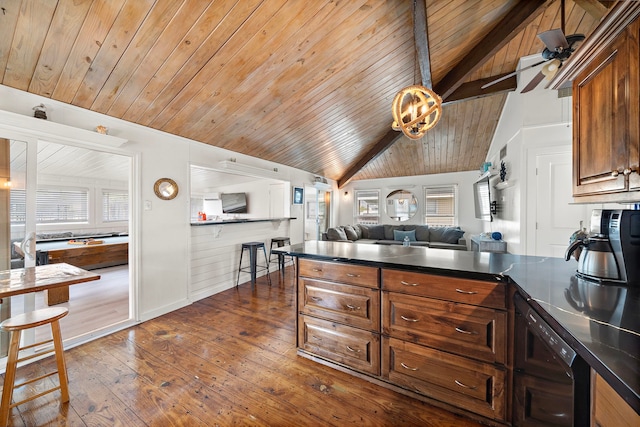 kitchen with lofted ceiling, dark wood-type flooring, dishwasher, ceiling fan with notable chandelier, and wooden ceiling