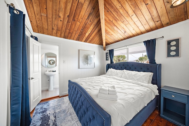 bedroom with dark hardwood / wood-style floors and wood ceiling