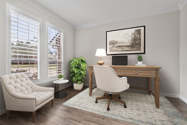 office area featuring ornamental molding, dark wood-type flooring, and baseboards