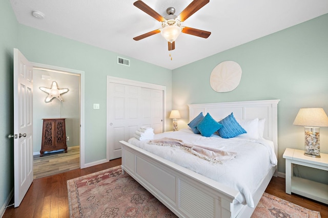 3418 Miramar Dr, Shoreacres, TX 77571 - bedroom featuring hardwood / wood-style flooring, ceiling fan, and a closet
