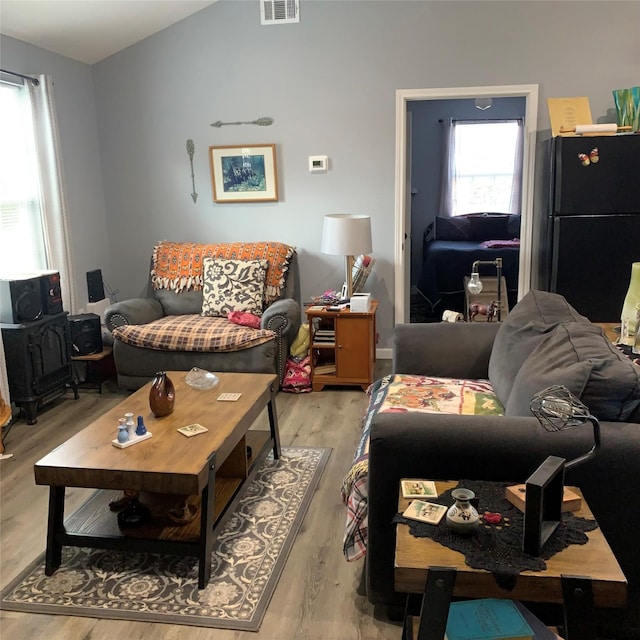 living room featuring lofted ceiling and light wood-type flooring