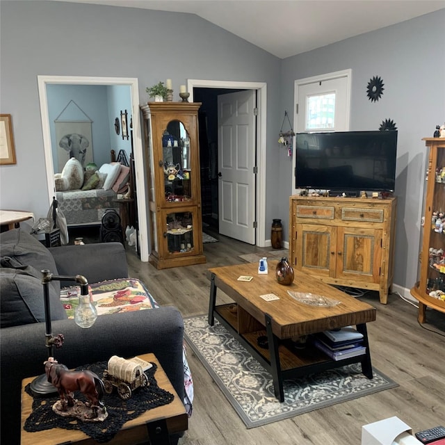 living room with vaulted ceiling and wood-type flooring