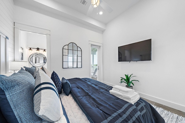 bedroom featuring ceiling fan and hardwood / wood-style floors