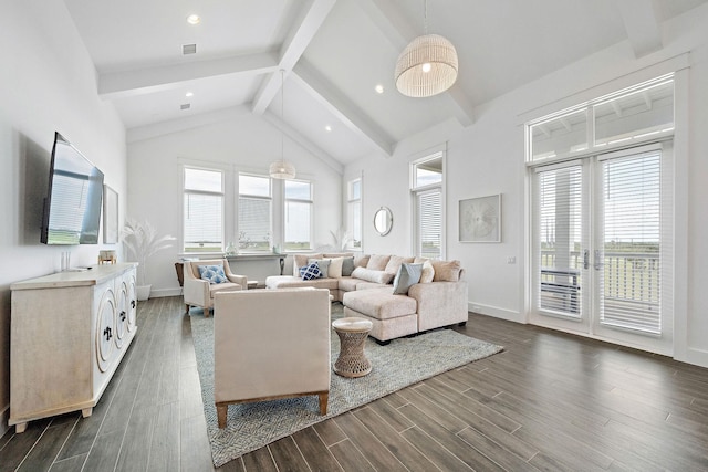 living room featuring dark wood-type flooring, plenty of natural light, high vaulted ceiling, and beamed ceiling