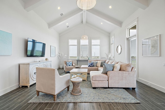 living room featuring high vaulted ceiling and beamed ceiling