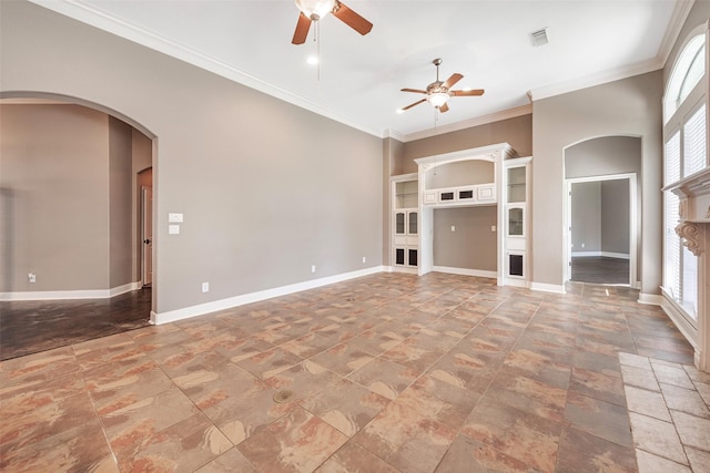 unfurnished living room featuring ceiling fan and ornamental molding