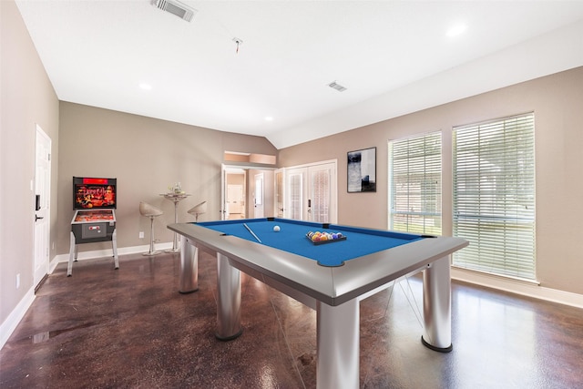 rec room featuring lofted ceiling and billiards