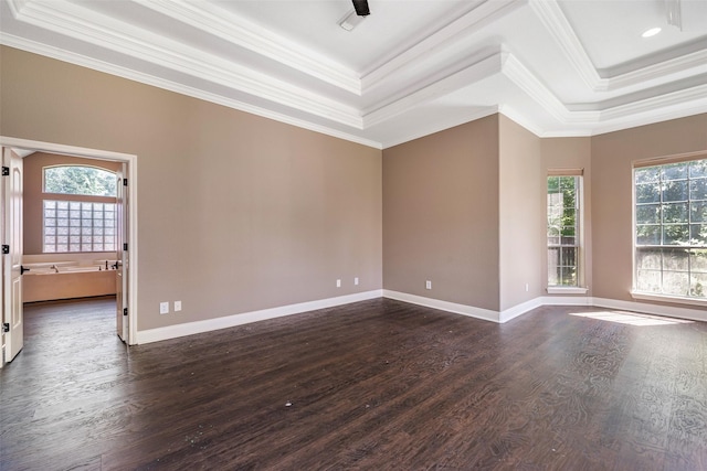 empty room featuring ornamental molding, dark hardwood / wood-style flooring, and a raised ceiling