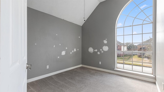 carpeted empty room featuring high vaulted ceiling