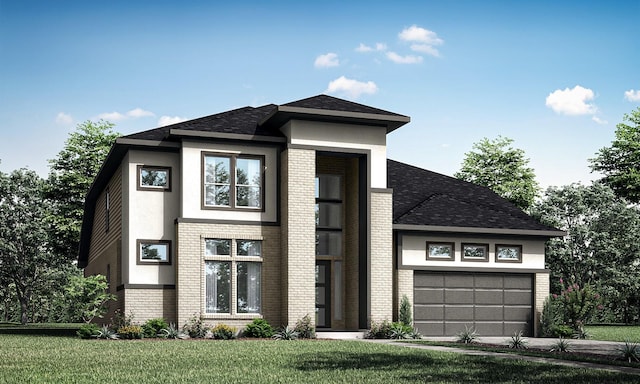 prairie-style house featuring a garage and a front yard