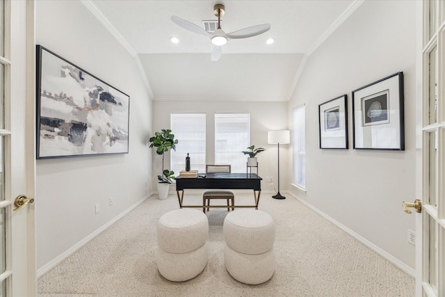 office space with lofted ceiling, ornamental molding, and french doors